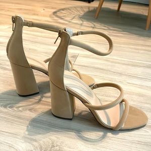 BCBG Nubuck Triple Strap Nude Block Heel Sandal